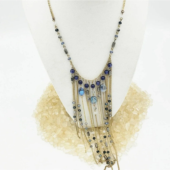 Fringe Waterfall Necklace Blue Beads w/ Gold Tone Metal Sexy - Picture 4 of 6